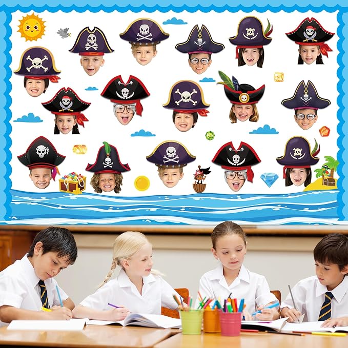 gisgfim 80Pcs Pirate Cutouts Adventure Decorations Bulletin Board Skull Hat Paper Cut-Outs Classroom Decor for Boy Girl DIY Craft Photo Wall Kindergarten Preschool Back to School Party Favor Supply