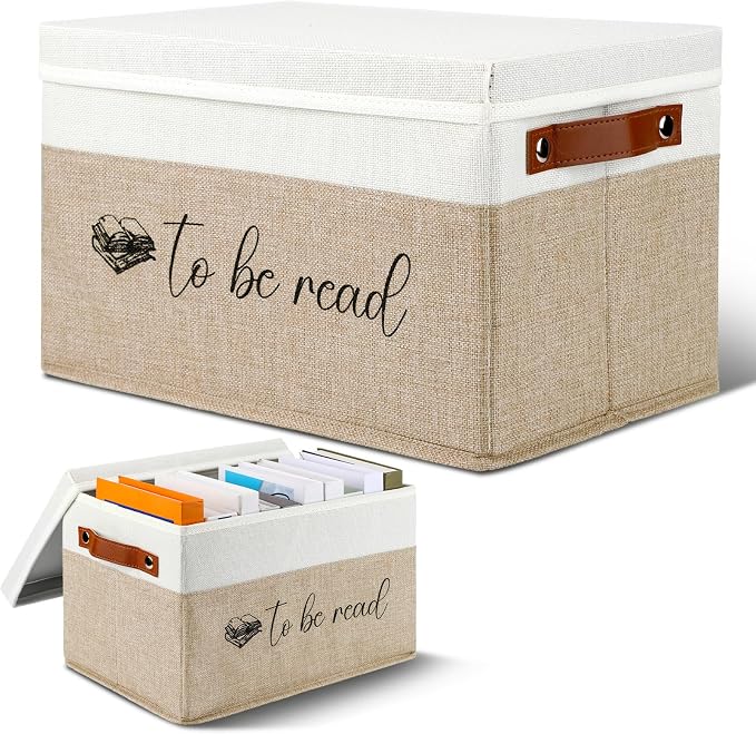 Marsui Book Lover Gifts TBR Book Storage Basket with Lids to Be Read List Storage Bin Bookish Accessories Bookworm Gift for Club Members Student Teacher Reading Accessories (Camel)