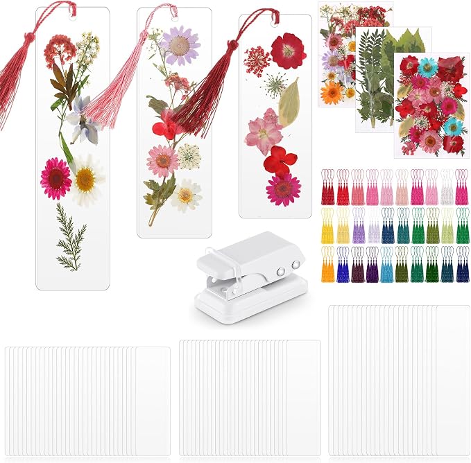 Fuyoooo 176 Pcs Dried Flower Bookmark Making Kit, DIY Bookmark Laminating Pouches with Tassels and Puncher DIY Project Gifts for Women Night Out Craft Book Lovers (Rainbow Colors,3 Size)