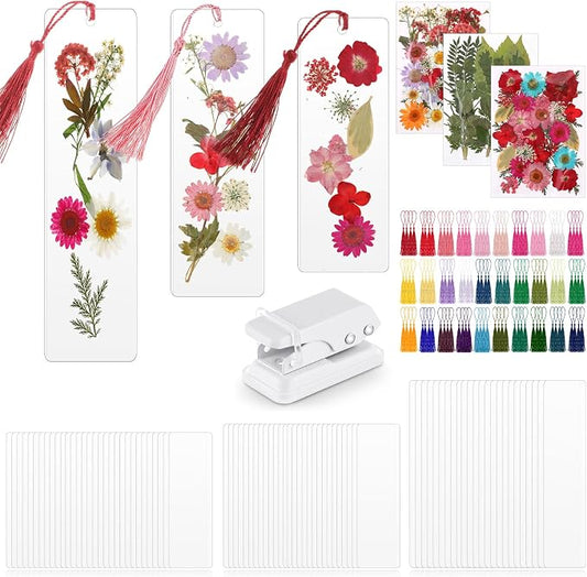 Fuyoooo 176 Pcs Dried Flower Bookmark Making Kit, DIY Bookmark Laminating Pouches with Tassels and Puncher DIY Project Gifts for Women Night Out Craft Book Lovers (Rainbow Colors,3 Size)