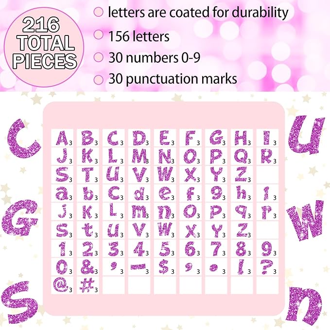 Colarr 216 Pcs Glitter Bulletin Board Letters for Classroom Number Alphabet Punctuation Symbol Cutout 4'' Die-Cut Poster Letter with Adhesive Dot School Party Holiday Decor Display(Purple Pink)