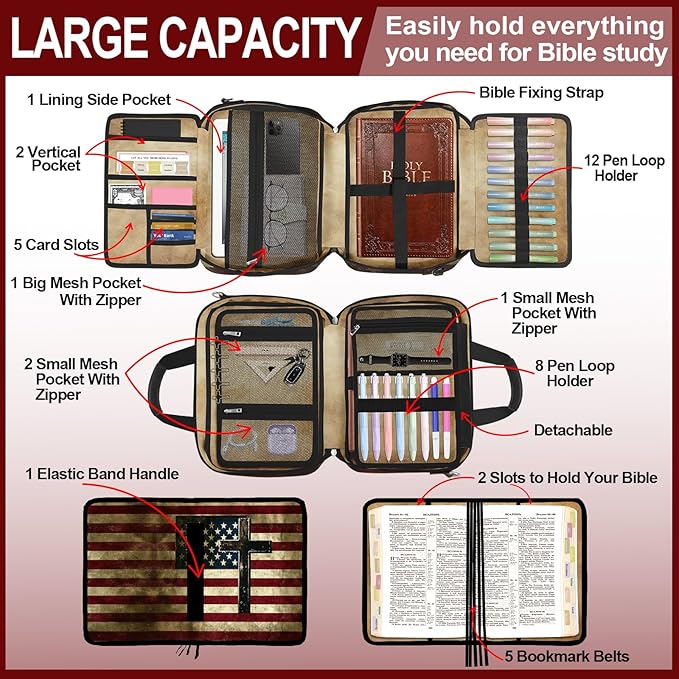 American Flag Cross Bible Cover Case for Women Men Boys, Large Bible Bag Book Carrying Case with Strap & Handle Zipper Pocket, Bible Study Supplies Journaling Kit, Highlighters and Pens Cross Clips