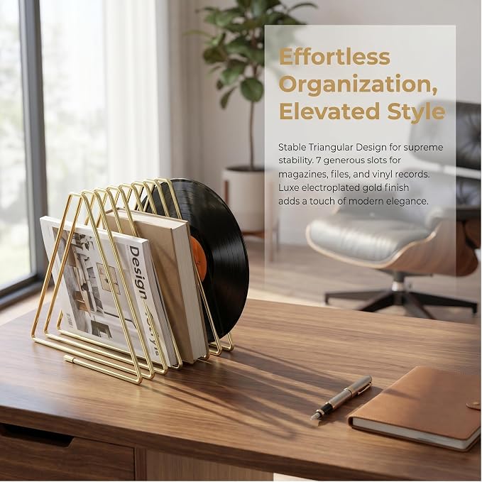 Gold Expandable Bookends, 7-Section, 2"-15.7" | 7 Slot Adjustable Book Rack, Telescoping Desktop Organizer, Metal Magazine Vinyl Record Stand, For Office Home Decor