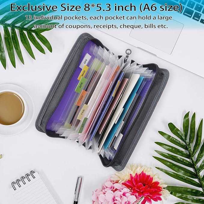 NAFY Small Accordion File Organizer,A6 Size 13 Pockets Coupon Receipt Holder Organizer wallet with Zipper,8X5.3 Inches Portable Accordion Expanding Folders Wallet for Coupon,Receipt,Bills,Cash(Purple)
