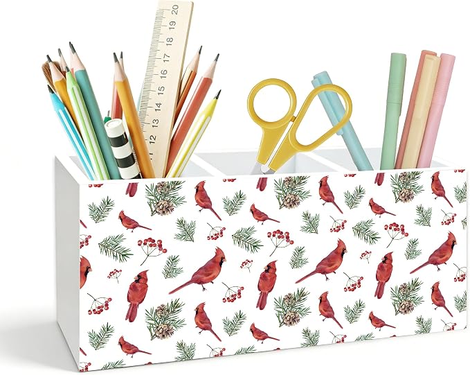 Red Cardinal Pen Holder for Desk, Cardinal Lover Gifts, Red Bird Holly Berry Wooden Box Pencil Pen Holder Organizer for Home Office Desk Accessories