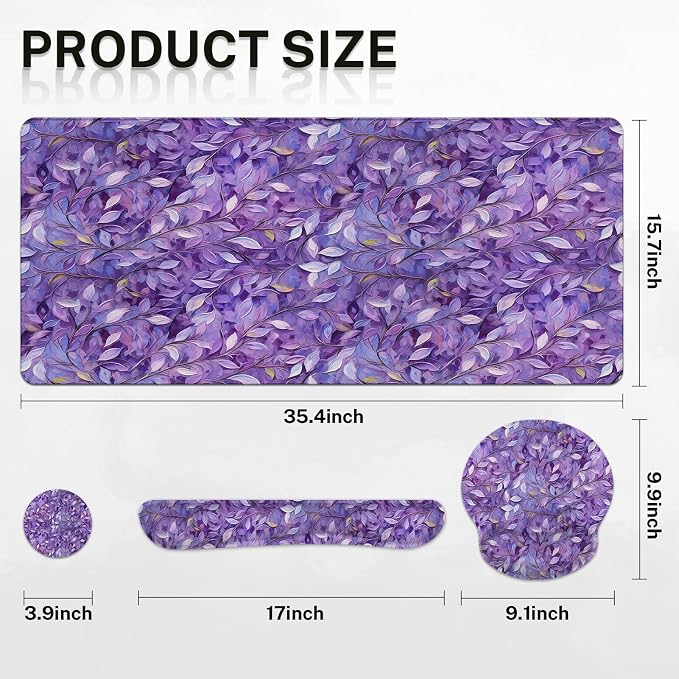 Britimes Purple Oil Painting Leaves Keyboard Mouse Pad Set Plant 4in1 Large Mousepad+Keyboard Wrist Rest+Mouse Wrist Rest+Coaster Ergonomic Design for Home Office Computer 35.4x15.7 inches