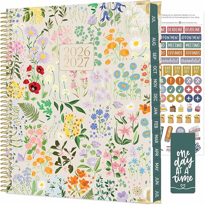 bloom daily planners HARDCOVER Planner 2026-2027 (8.5" x 11") Academic Year (July 2026 - July 2027) - 13 Months Task Goal Planner for Women - Monthly & Weekly Agenda Book - Garden Party, Beige