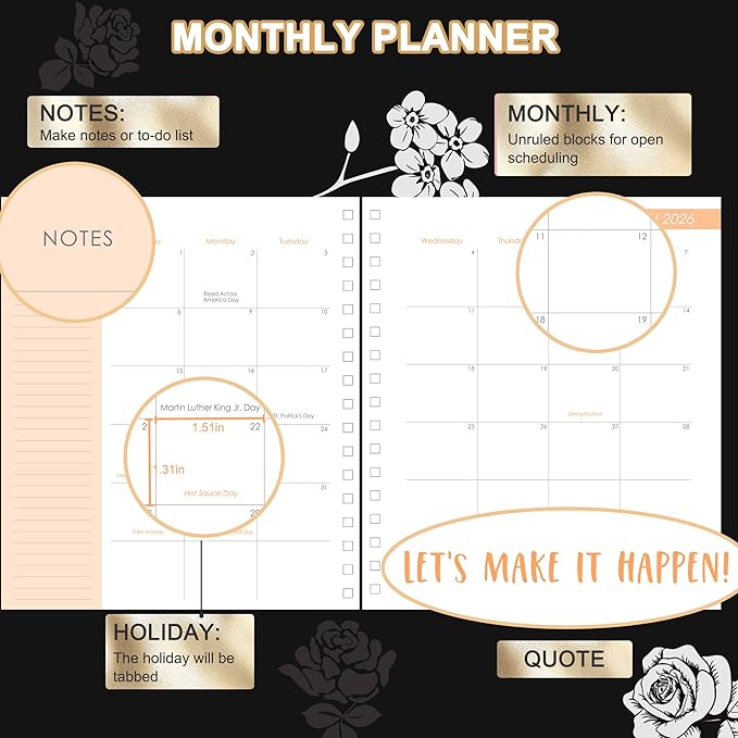 CAGIE 2026 Planner Weekly and Monthly Dec 2025–Dec 2026 Hardcover Planner with Pockets, 13 Month Large Black Flowers Calendar Planner with Stickers Tabs, Spiral Bound Yearly Calendar Planner for Women, 8.3" x 9.3"