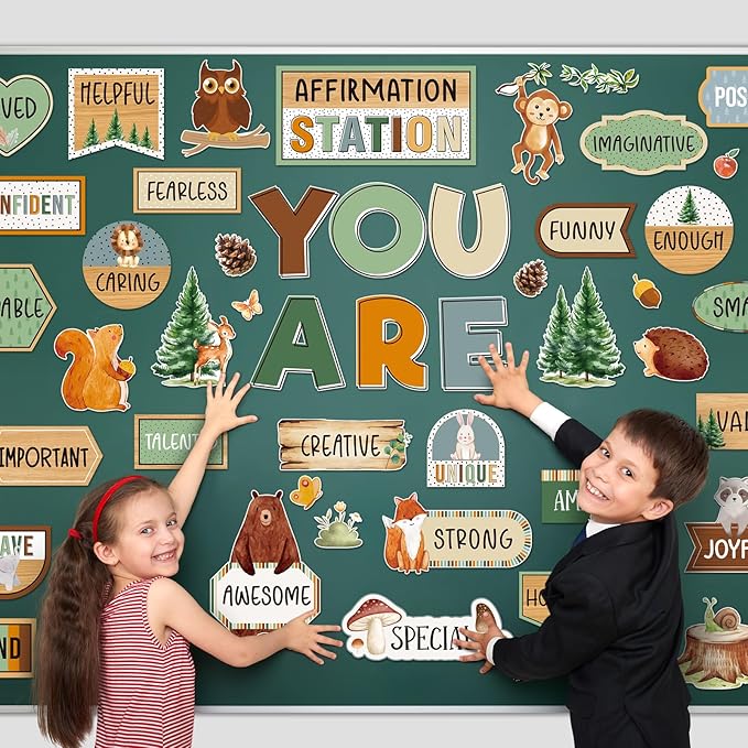 45pcs Woodland Bulletin Board Set Motivational Posters Classroom Mirror Growth Mindset Decor Positive Affirmations Accents Cutouts for School Office Home Teacher Wall