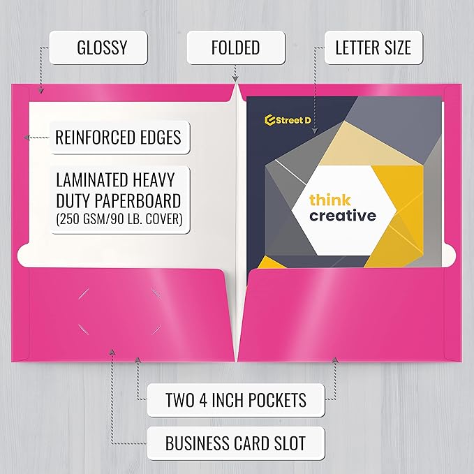 Better Office Products 2 Pocket Glossy Laminated Neon Paper Folders, Letter Size, Neon Paper Portfolios, Box of 48-4 NEON Colors