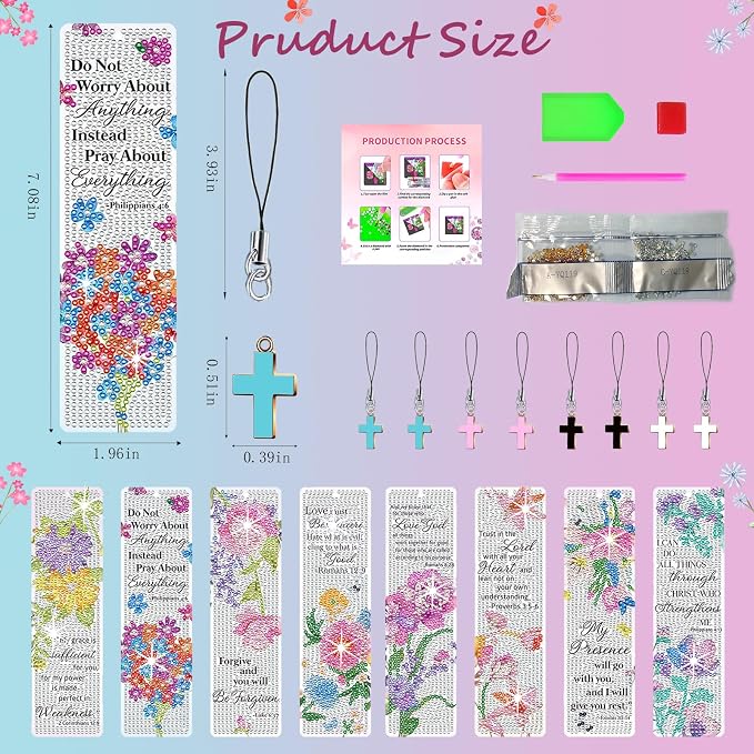 8PCS Diamond Painting Art Bookmarks,Cute Acrylic Bookmarks Crafts Kits Gifts with Pendants for Adult Women Book Lovers (Flower)