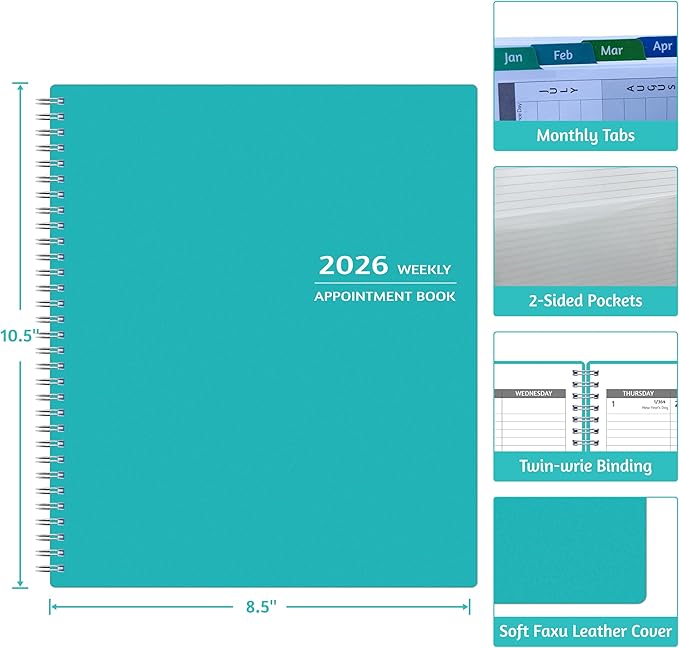 2026 Appointment Book - January - December 2026, Appointment Planner with Weekly ＆ Monthly Spread, 8.5'' x 10.5'', Large, 15 Minute Increments, 2026 Daily Planner with Pockets, Tabs, Soft Cover