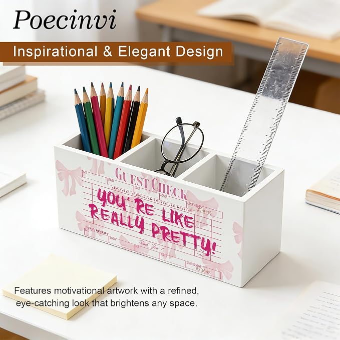 Trendy Coquette Pink Bow Pen Holder for Home Office Desk, Pink Girly Office Decor, You're Like Really Pretty Guest Check Wooden Box Sign Pencil Holder for Desk Shelf Organizer