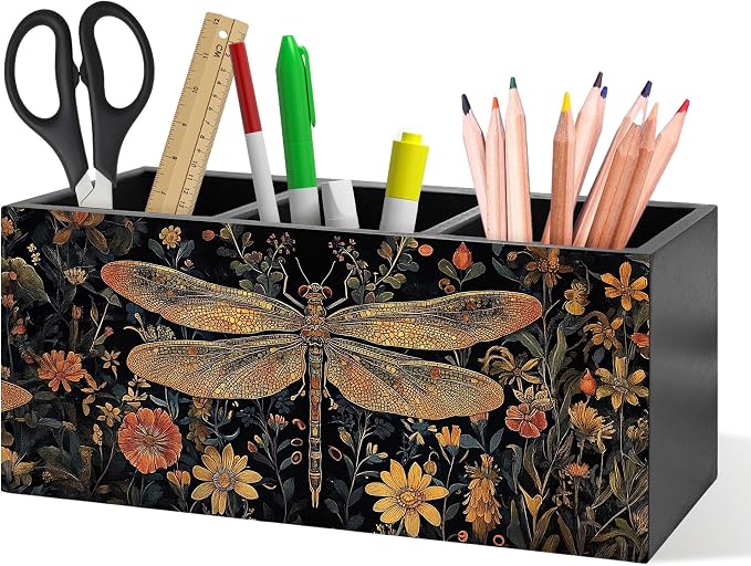 Dark Academia Dragonfly Floral Pen Holder, Vintage Moody Office Pen Pencil Holder Organizer for Desk Accessories, Whimsical Insect Wooden Box Desk Decor for Home Office Desk Decorations