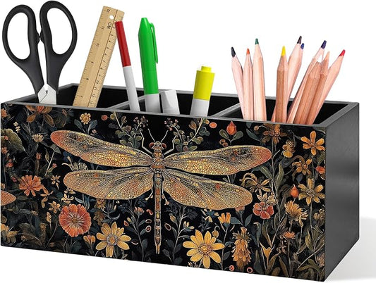 Dark Academia Dragonfly Floral Pen Holder, Vintage Moody Office Pen Pencil Holder Organizer for Desk Accessories, Whimsical Insect Wooden Box Desk Decor for Home Office Desk Decorations