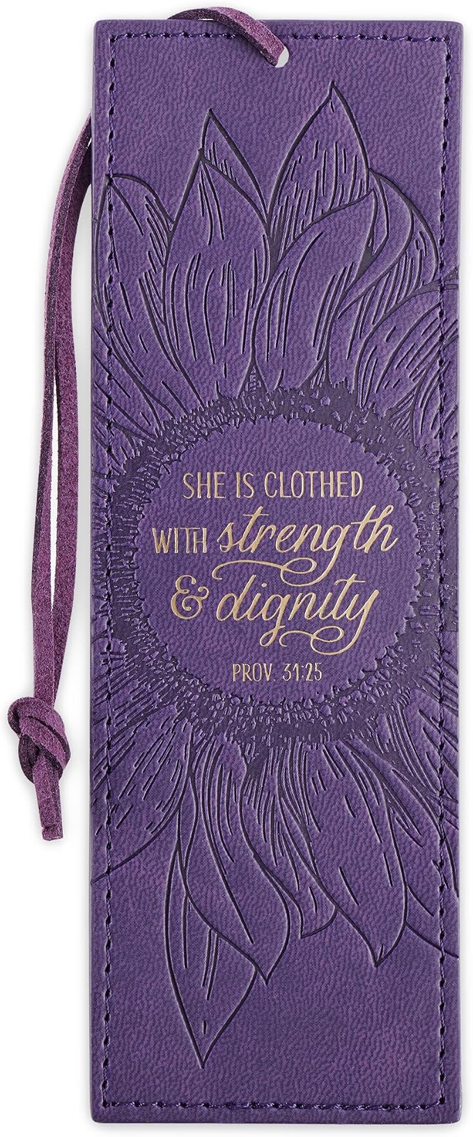 Christian Art Gifts Vegan Leather Scripture Bookmark for Women: Strength and Dignity - Proverbs 31:25 Inspirational Bible Verse Heat-Debossed, Faith-Based Reading Accessory w/Tassel, Purple Sunflower