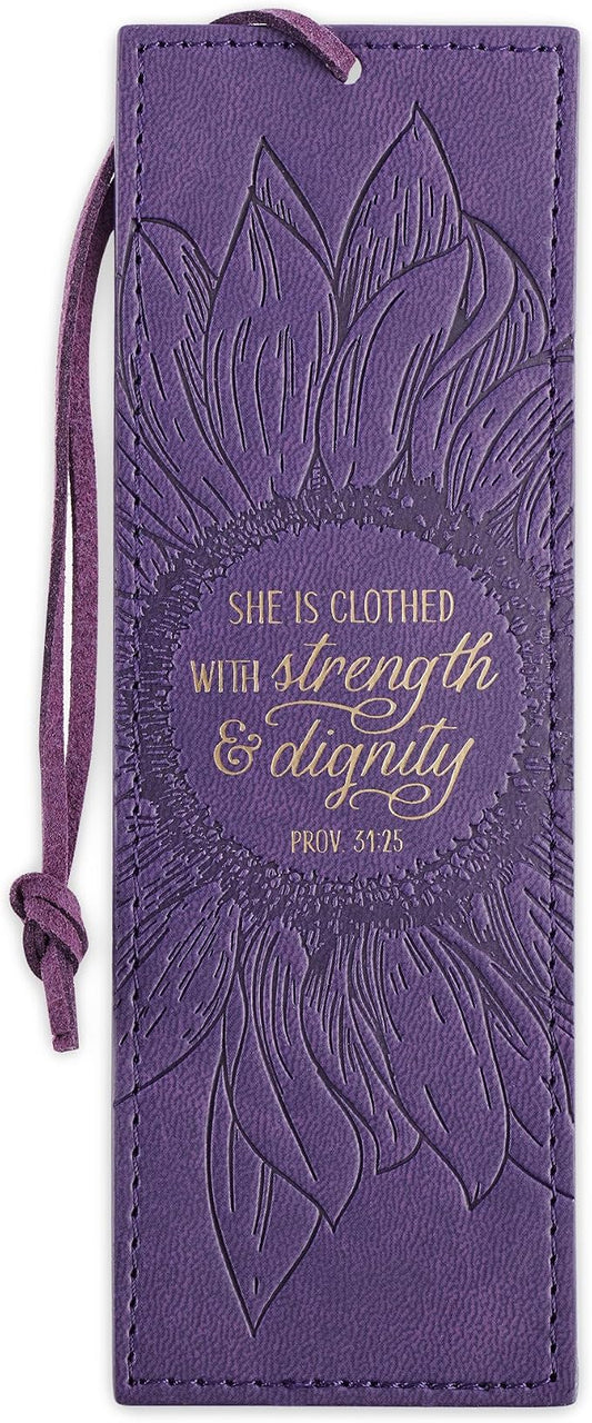Christian Art Gifts Vegan Leather Scripture Bookmark for Women: Strength and Dignity - Proverbs 31:25 Inspirational Bible Verse Heat-Debossed, Faith-Based Reading Accessory w/Tassel, Purple Sunflower