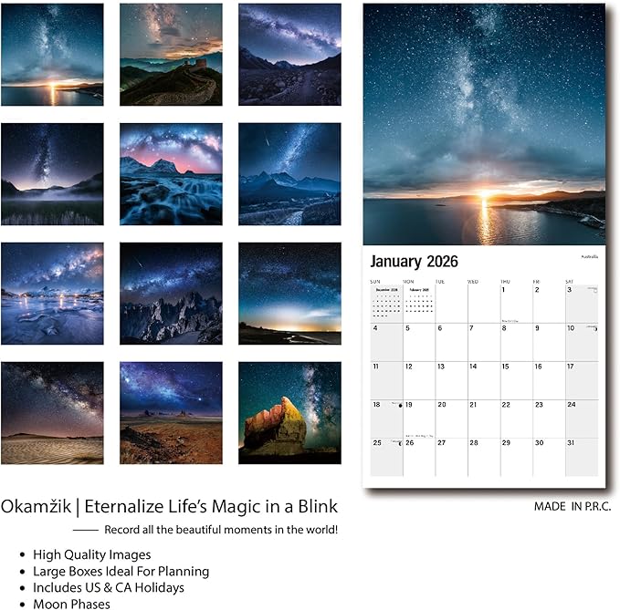 Wall Calendar 2026 Planner Calendar - Milky Way Hangable Monthly Wall Calendar with Large Blocks for Organizing & Planning, Academic Schedule, Home, Office & family, Thick & Sturdy Paper (12"x24" Open)