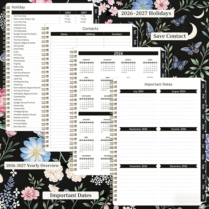 2026-2027 Planner, 12 Months Monthly & Weekly Daily Planner July 2026 - June 2027, 8.5" x 6.2" Hardcover Agenda Organizer with Tabs, Spiral Bound Calendar Notebook for School Work Home, Floral Design (Red & Butterfly)