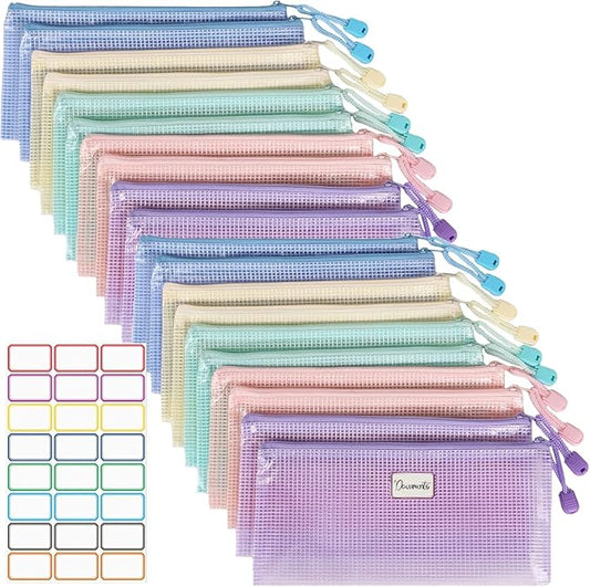 MultiBey 20 Pack A6 Mesh Zipper Pouch Bags with Labels, 9.1 x 4.3 in Waterproof Small Mesh Zipper Pouch Document Pencil Case for Travel, Cosmetics, Office Organization, 5 Macaron Colors