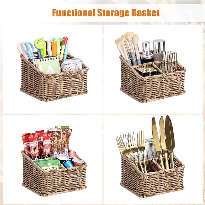BTSKY 3 Slots Natural Woven Remote Control Holder for Desk Rattan Media TV Caddy Storage Holder Office Supply Storage Rack Desk Accessories Organizer For Living Room Bedroom Countertop, Dark Brown