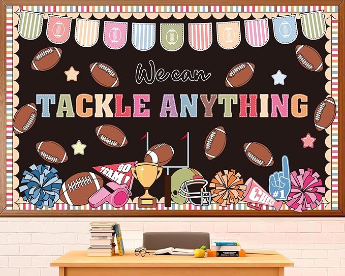 Sports Football Bulletin Board Set Classroom Decorations We Can Tackle Anything Inspirational Bulletin Board Football Theme Cutouts for School Office Chalkboard Whiteboard Wall Window Decor