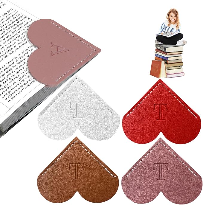 4Pcs Personalized Leather Heart Bookmark with Initial, 26 Letters Custom Corner Page Book Mark for Reading Women, Book Lovers, Teachers, Students, Book Accessories(White+Red+Dark Pink+Dark Brown, T)