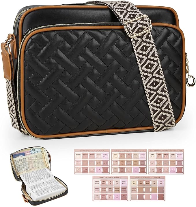 MHJY Bible Bag Leather Bible Cover Case for Women Zipper Quilted Bible Cover with Bible Tabs and Shoulder Strap Crossbody Purses for Book Cover