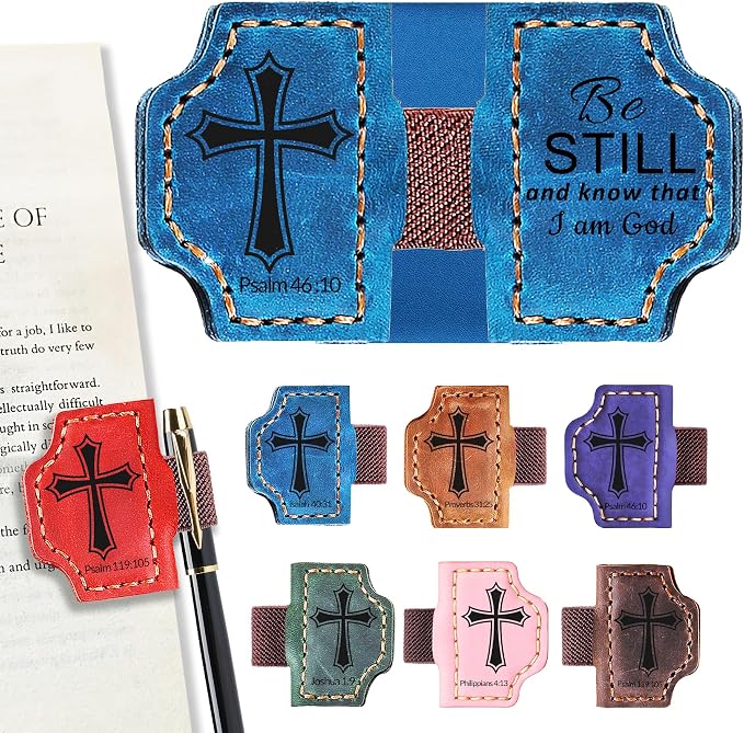 Personalized Magnetic Bookmark with Pen Holder, Bible Verse Scripture Design, Custom Leather Bookmark Bible Study Supplies for Women Men, Christian, Book Lovers Gifts (Blue, Psalm 46:10)