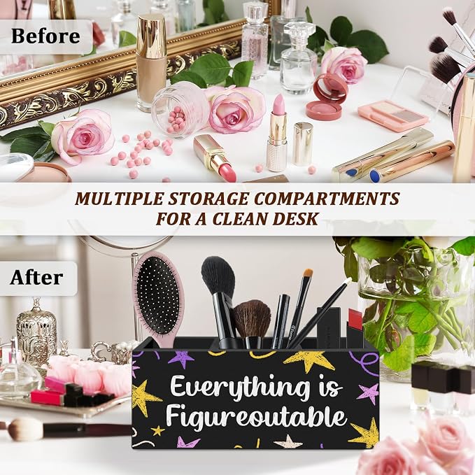 WODMIS Motivational Everything Is Figureoutable Pen Pencil Holder for Desk, Inspirational Gifts for Women Men Wooden Box Organizer Decorations for Home Office Desk Accessories Tabletop