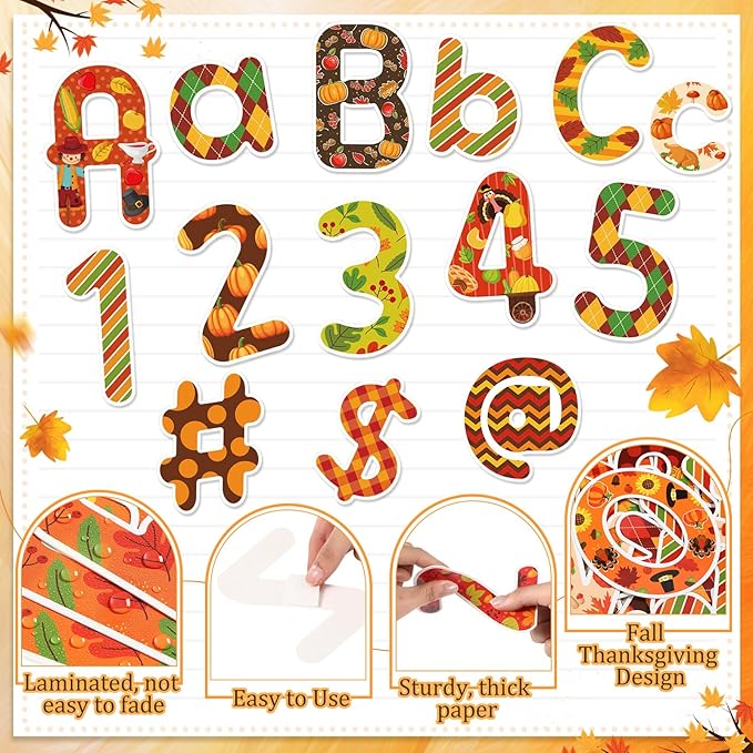 Faccito 231 Pcs Thanksgiving Letters Cutouts for Bulletin Board Decorations Fall Thanksgiving Letter Classroom Bulletin Board Set 4.3" 3.2" Turkey Alphabet Number Punctuation Accent School Decor