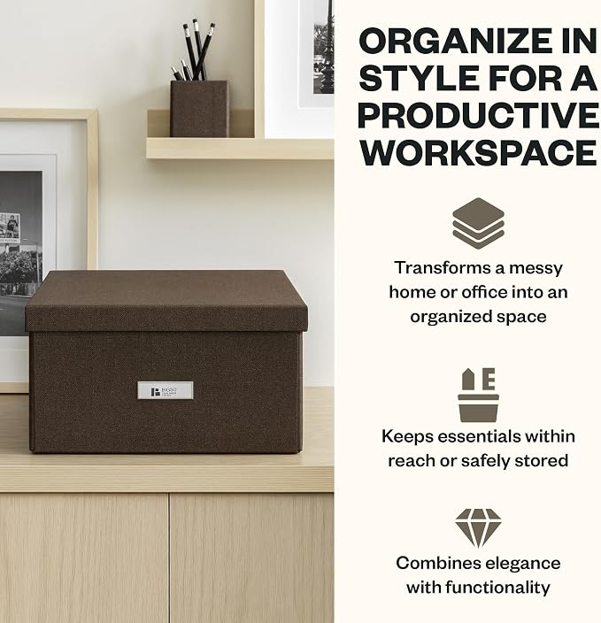 Bigso Katrin Collapsible Storage Box with Lid - Decorative Photo Storage Box with Label Holder for Easy Identification - Simple Assembly without Tools - W13.5 x D17.6 x H7.2 (inches) - Dark Brown
