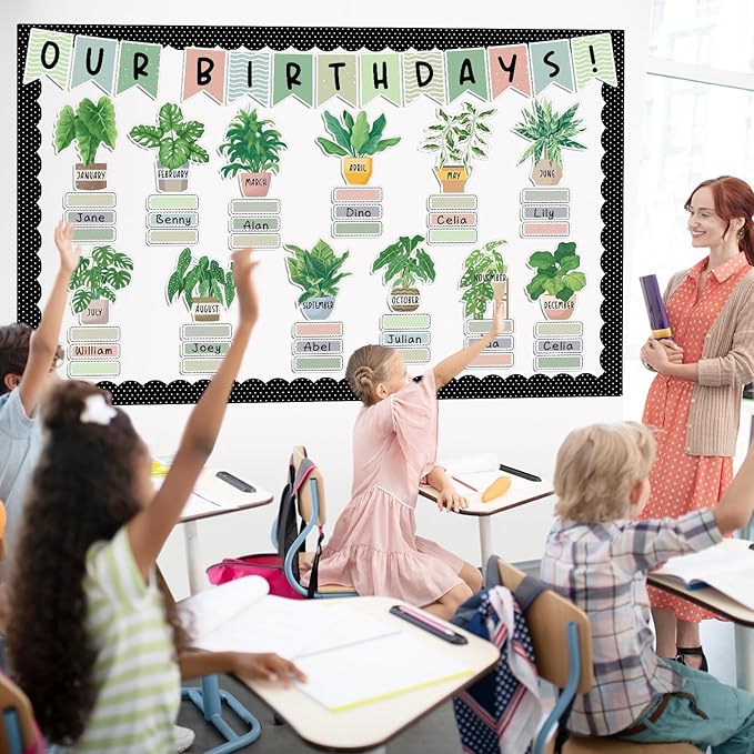 Happy Birthday Bulletin Board Decorations Boho Plants Birthday Bulletin Board Border Set Greenery Paper Cutouts for Calendars Back to School Preschool Chalkboard Supplies