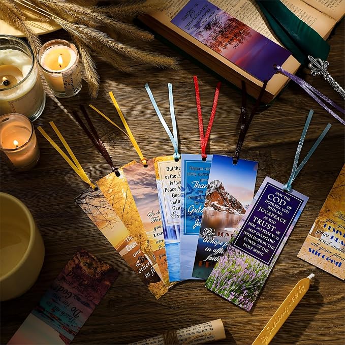 Spakon 120 Pcs Landscape Bible Verse Inspirational Bookmarks Scripture Christian Motivational Bookmarks Encouragement Verse Page Marker with Colorful Ribbons Gifts for Women Men Church Office Supplies