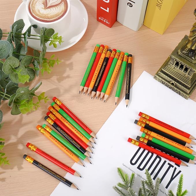 JarThenaAMCS Black History Month Pencil with Eraser 48 Pcs Writing Short Pencil 4 In Black Yellow Red Green Juneteenth African Wood Half Pencils for Classroom Office Stationery Gift
