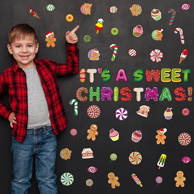 Marspark 68 Pcs Candy Land Cutouts Christmas Bulletin Border Decoration Peppermint Lollipop Round Gingerbread Man Wall Cutouts It's a Sweet Christmas Decor for Classroom Holiday