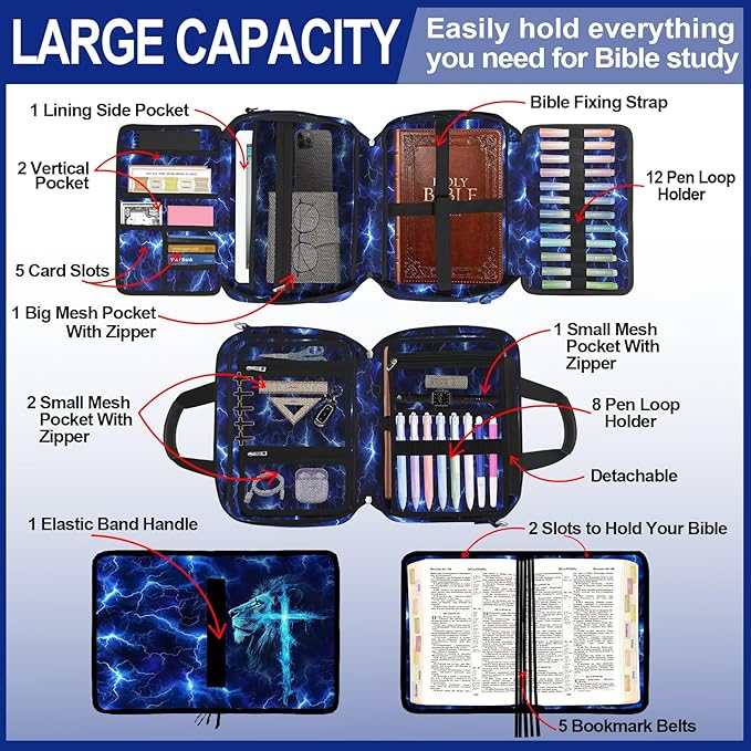 Lion Cross Large Bible Cover Case for Boys with Handle Zipper Pocket, Bible Study Supplies Journaling Kit Book Carrying Case with Pens Highlighters Cross Clips, Christian Gifts for Men Blue