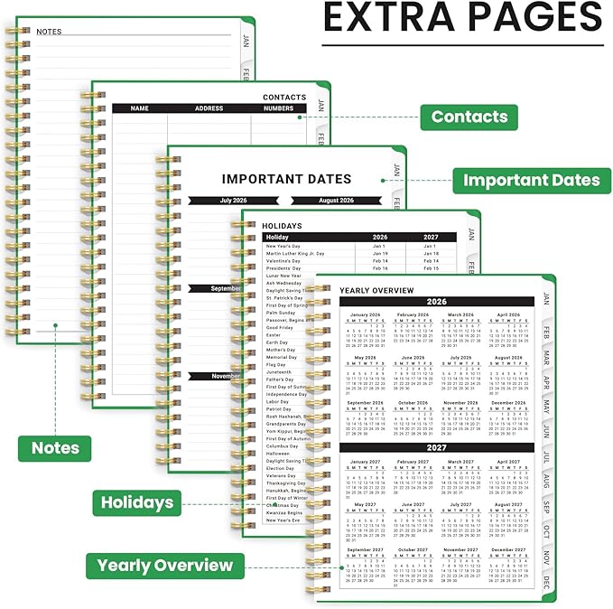 2026 Planner, Weekly and Monthly Planner for Women, January 2026 - December 2026, Hardcover 2026 Calendar Planner Book with Tabs, Inner Pocket, Spiral Bound, Perfect for Office Home School Supplies - A5 (6.3" x 8.5"), Racing Green