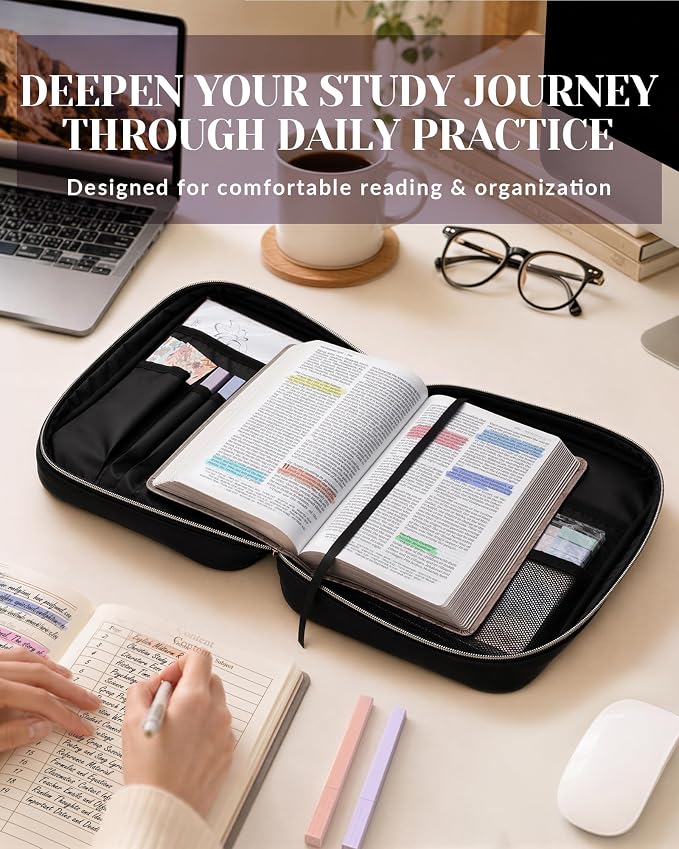 XKDOUS Quilted Leather Bible Cover Case for Women, Zippered Bible Carrying Bag with Study Supplies and Accessories, Waterproof Bible Organizer Holder for Church and Daily Use (Purple & Black)