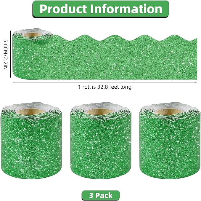 3 Rolls 98.4 Ft Glitter Bulletin Board Borders Set - Dark Green Bulletin Board Decor for Classroom, Office, School Supplies & Home DIY - Perfect for Teachers, Posters & Birthday Decor (Green)
