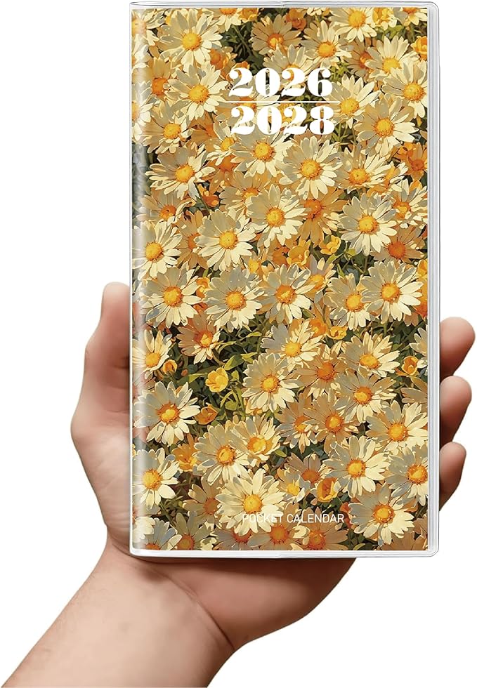 Pocket Calendar 2026-2028 Floral Series, Monthly Planner Jan 2026 to Jul 2028 (3.7" x 6.7") Perfect Purse Calendar, Pocket Agenda with Protective Plastic Sleeve-Daisy