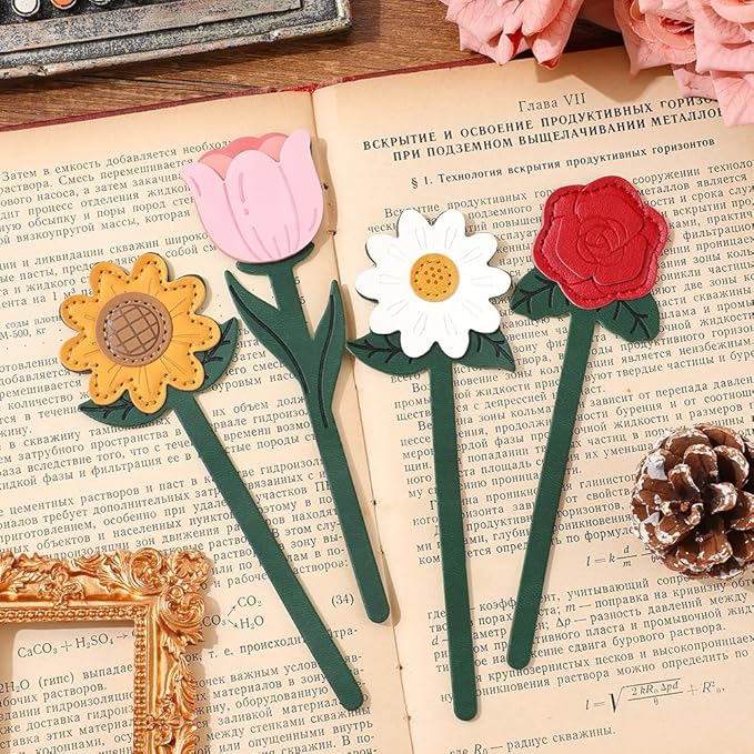 2 Pieces Bookmarks,Vintage Leather Bookmarks for Women,Cute Bookmarks for Book Lovers,Teacher,Daisy and Tulip