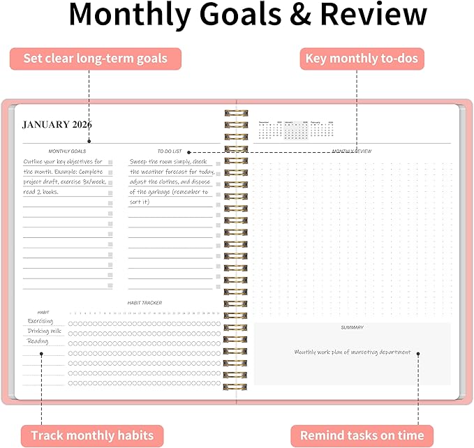 KMQOY Monthly Planner 2026-2027, 2026 Calendar 24 Months Planner, Jan 2026 - Dec 2027, 7.5"x10", Personal Calendar with Monthly Goals, To-Do List, Habit Tracker, 2 years for School Office Home Planning(Pink)