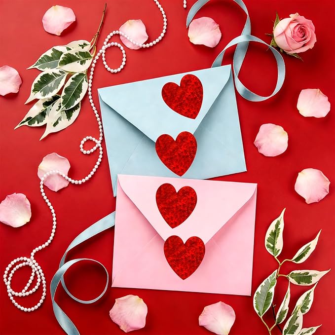 Heart Stickers, 1000Pcs Glitter Red Heart Stickers, 1.5" Shiny Self Adhesive Foil Red Love Decorative Labels for Valentine's Day, Wedding, Anniversaries, Mother's Day, Award Classroom Supplies