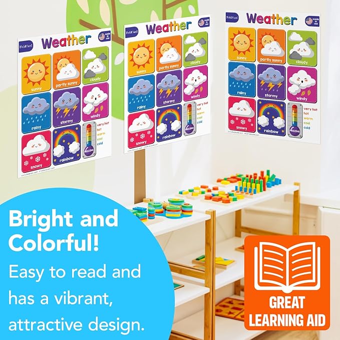 Weather Chart for Preschool to Grade 1 Kids – Bright and Colorful Educational Visual/Learning Aid Poster Decoration for Classroom or Home | Glossy Durable Cardstock | 8.5" x 11" | 5 per Pack
