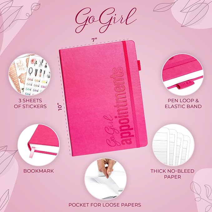 GoGirl Salon Appointment Book – Reservation Book for Beauty Salons, Spas, Hair Stylists, Estheticians – Appt Booking Planner, 7x10″ (Hot Pink)