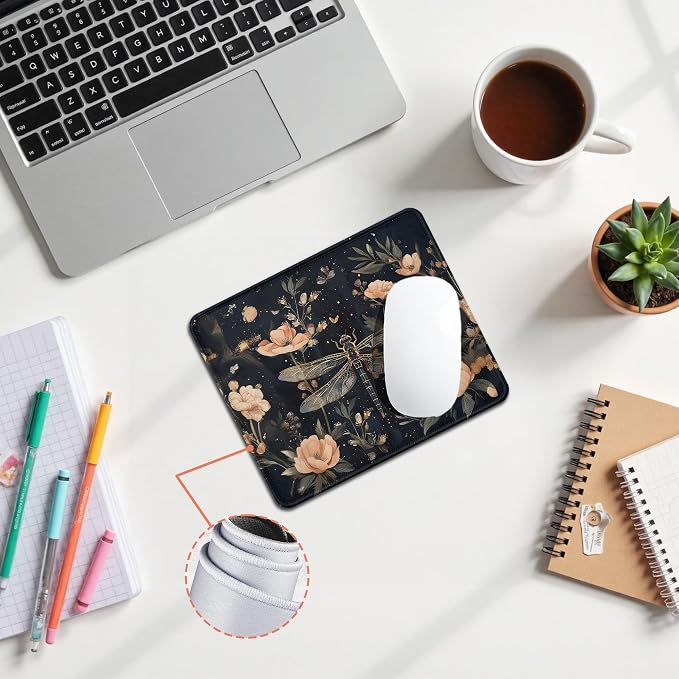 Vintage Boho Floral Dragonfly Mouse Pad, Dark Cottagecore Wildflower Botanical Round Mousepad for Home Office Computer Laptop Desk Accessories, Rustic Dragonfly Gifts, 7.9x7.9 Inch