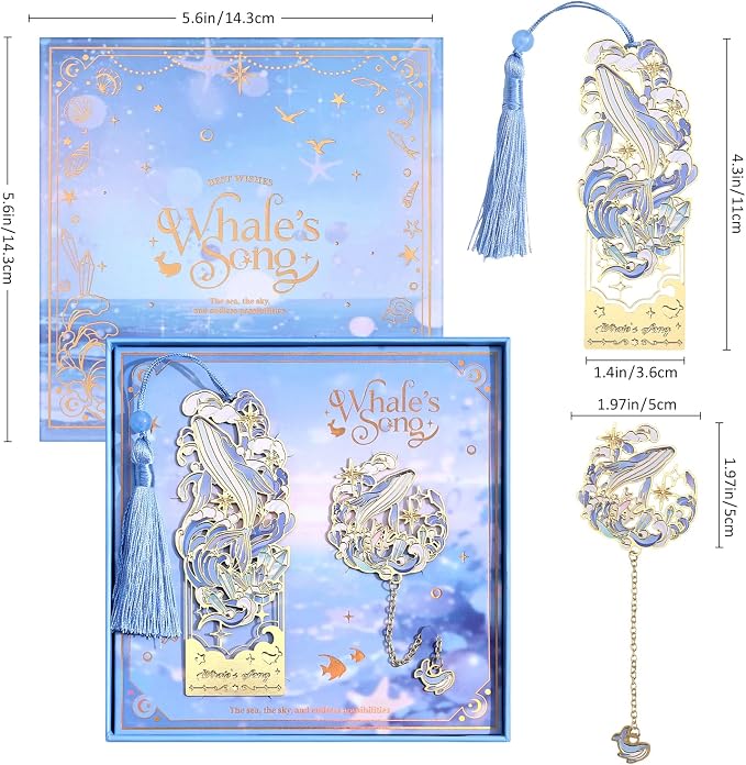 2 Pcs Metal Bookmark Gift Box, Golden Hollow Bookmarks Ocean Painting Theme Book Mark for Women, Book Lovers Writers Readers and Teens, Perfect for Birthday and Graduation Gifts(Blue)