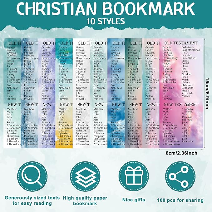 Motiskyy 100 PcsChristian Gifts for Fathers Day Bulk Books of The Bible Bookmarks 2.36 x 6 Inch Religious Christian Bookmarks Bulk Church Gifts for Prayers Church Men Women Mom Dad(Watercolor)
