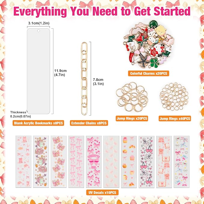 106 Pcs Bow Acrylic Bookmark Blanks(2mm) Thicken 8 DIY Bookmark Making 10 Bow UV DTF Sticker 20 Charms 8 Extender Chains and 60 Jump Ring Suitable for DIY Crafts Gifts